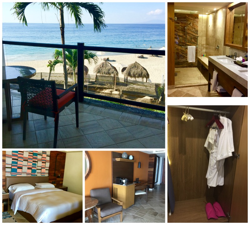Hyatt Ziva Puerto Vallarta review, all inclusive luxury, clockwise from top left: The view from the balcony, the luxurious bathroom, the plush robet, desk area, and the comfy bed. 