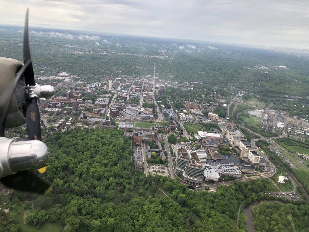 Downtown Ann Arbor as seen from the air in a historic B-17 Bomber.