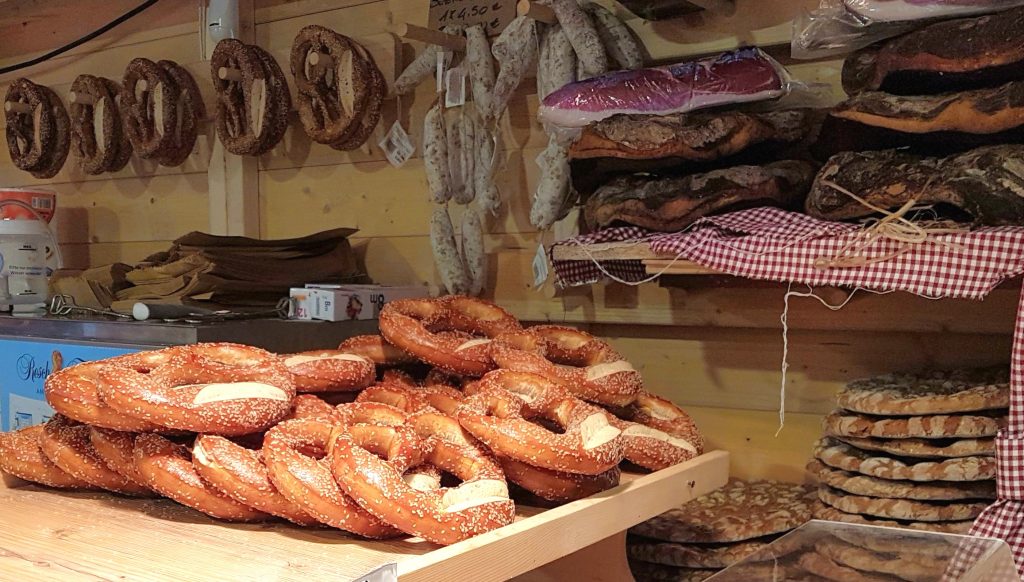Pretzels for sale at a European Christmas market.