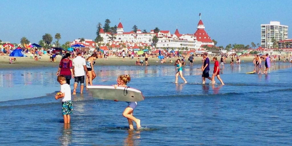 Hotel del Coronado shot from beach filled with families
