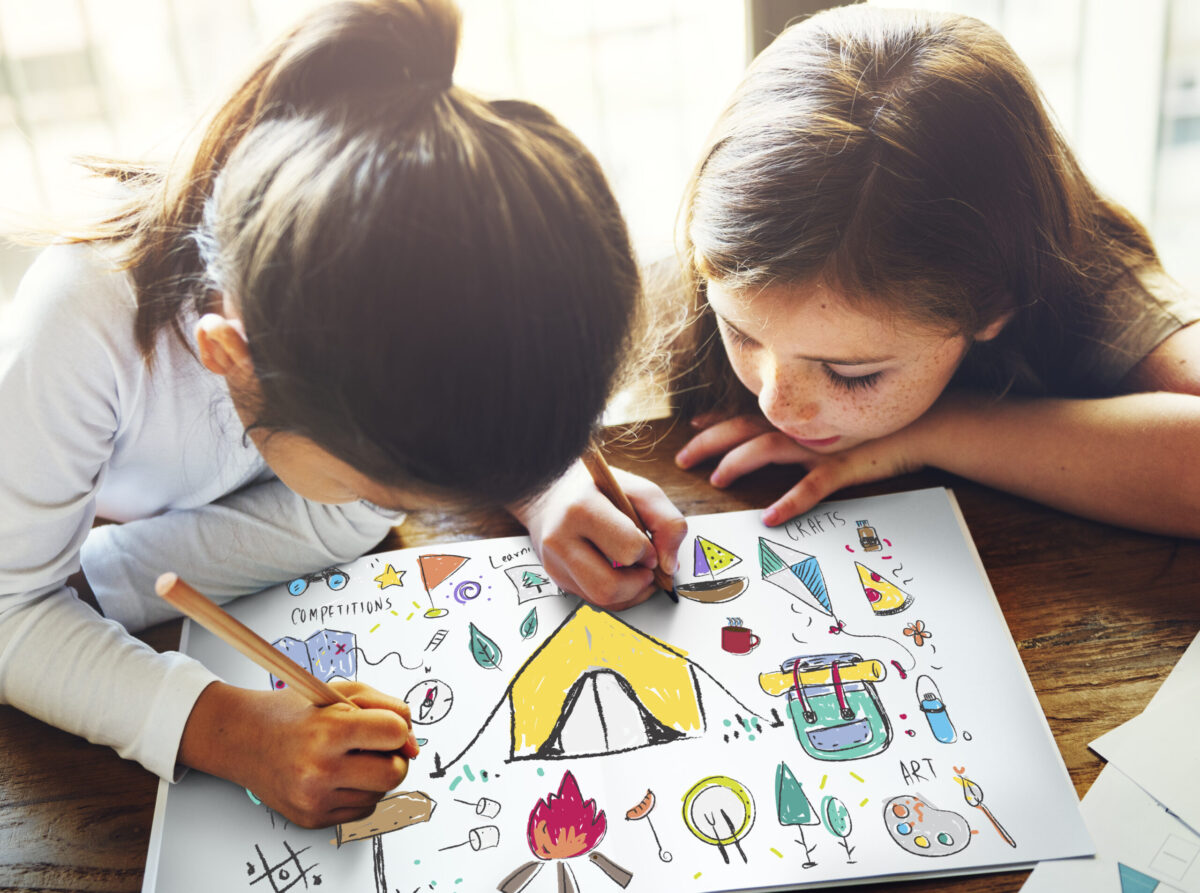 2 girls coloring camping pictures