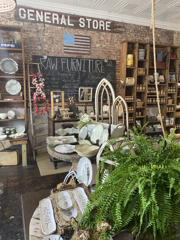 Handcrafted wood products on a table at RAW Furniture Co in Tupelo MS