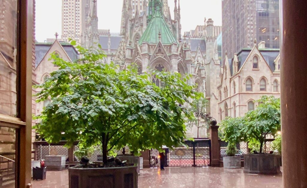 view of St. Patrick's Cathedral from the courtyard of the Lotte New York Palace hotel