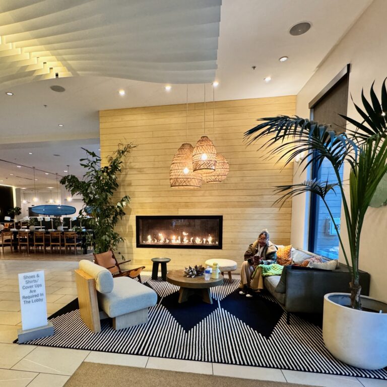 Fireplace and seating in the lobby at the Springhill Suites in Oceanside CA.