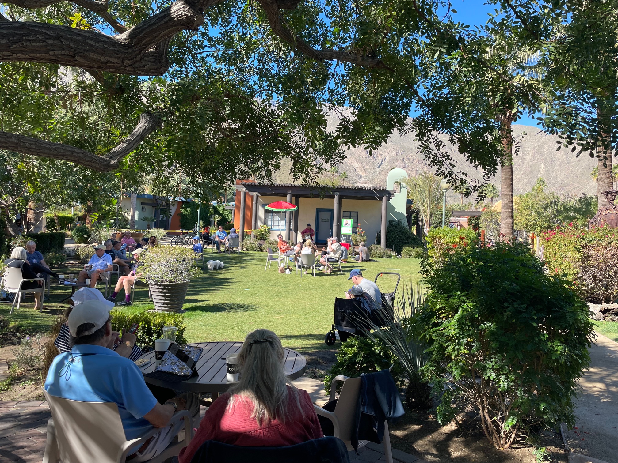 People sipping coffee outside in Palm Springs CA