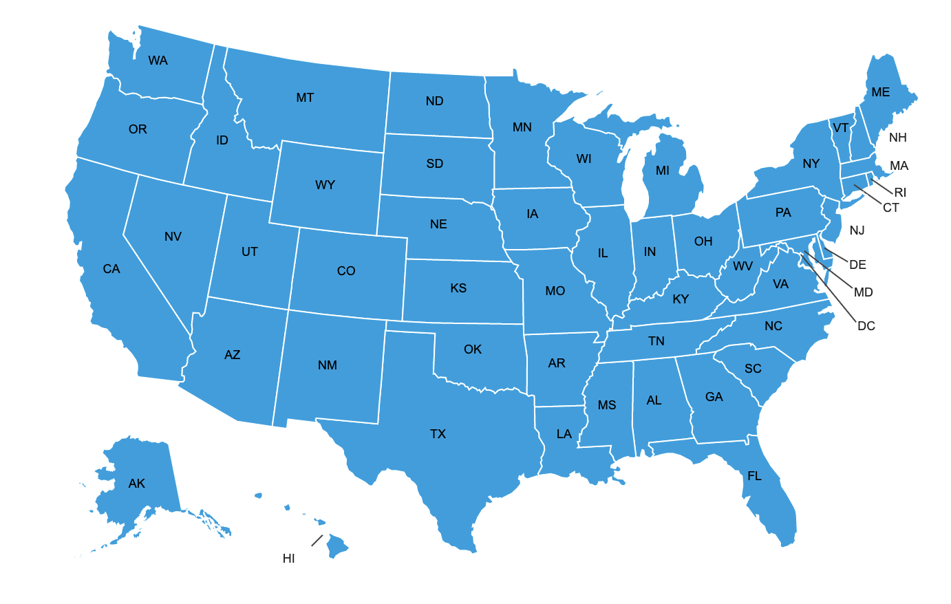 map of us states blue labeled with abbreviations