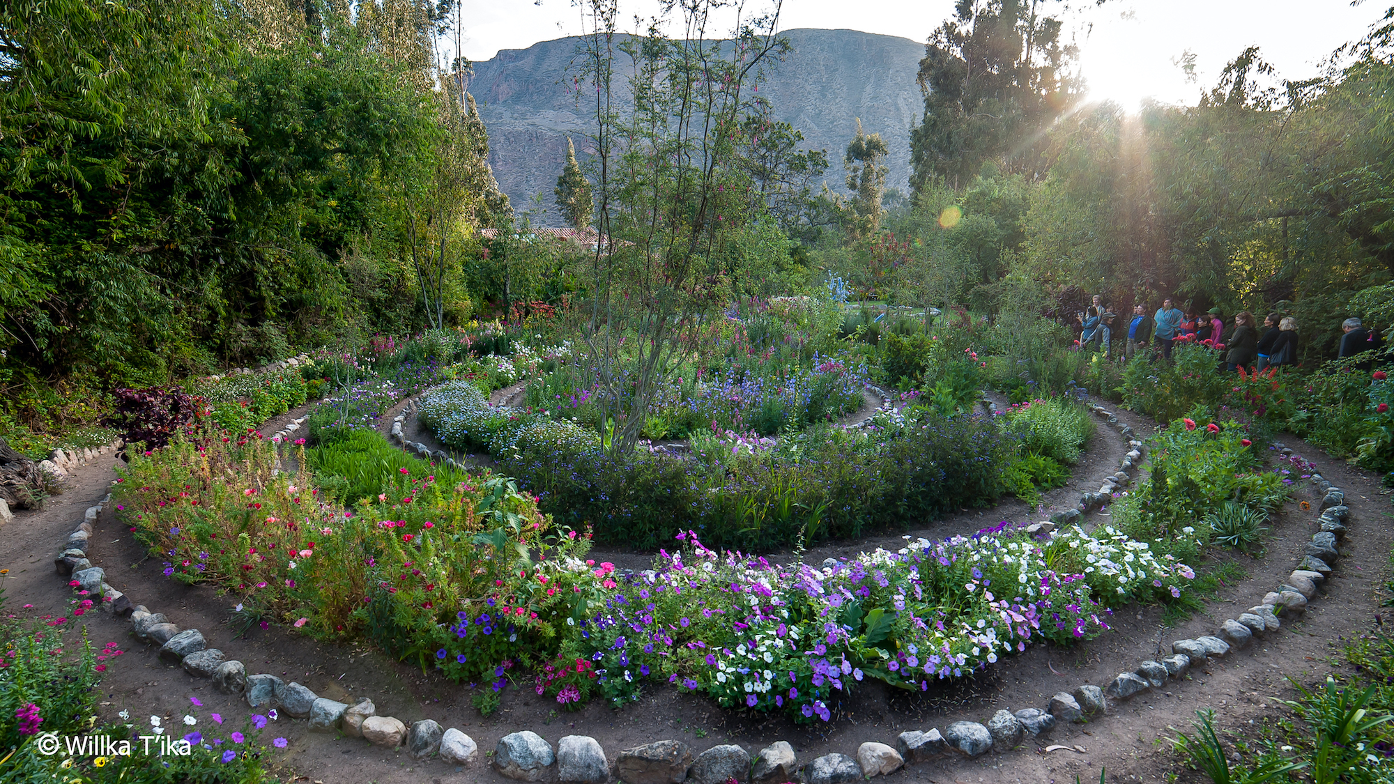 Circular garden for healing at Willka T'ika wellness retreat in Peru