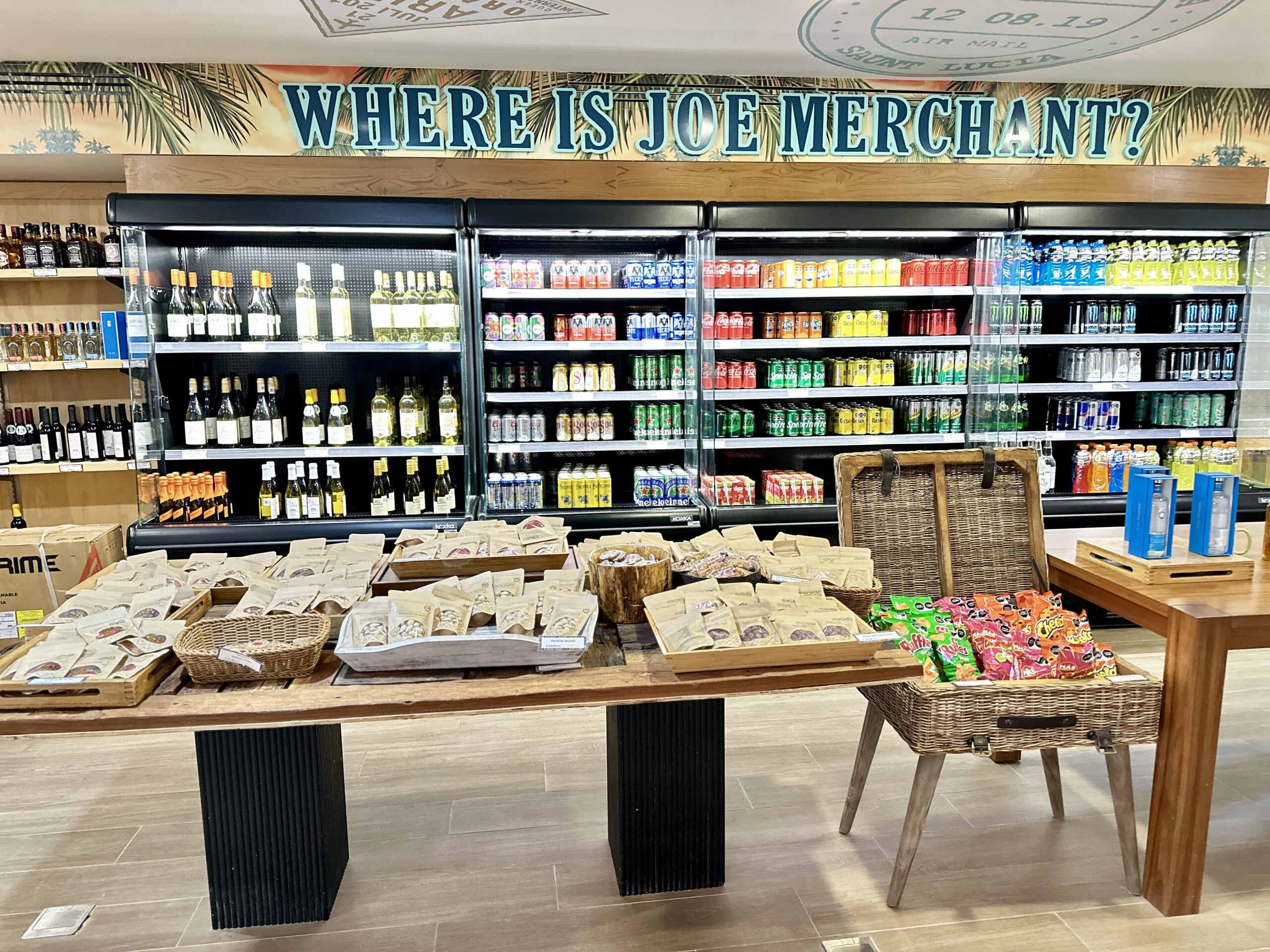 Variety of snacks and beverages available for points purchase in Joe Merchant's coffee shop in Cancun Mexico.