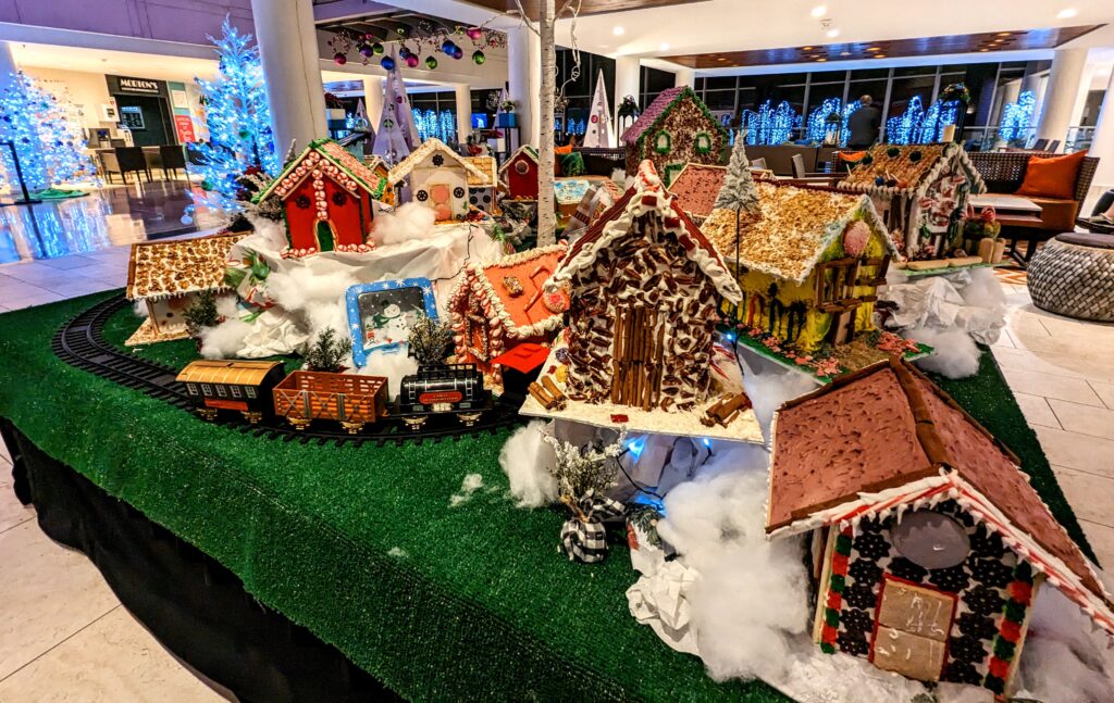 ginger bread houses in the lobby of the Caribe Hilton in Puerto Rico