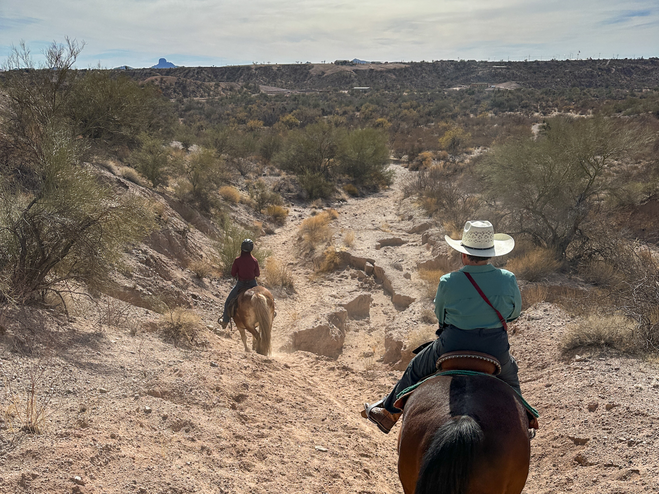 Ky, the wrangler in the lead, and author on a ride in the Sonoran Desert.