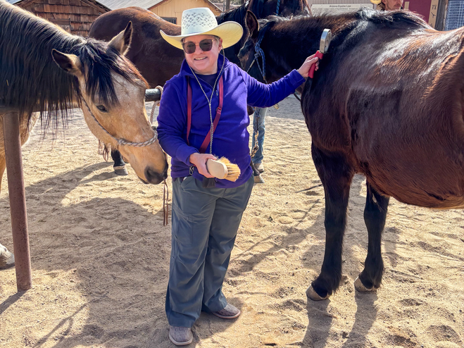 Julie, the author, is grooming Snip after a ride.