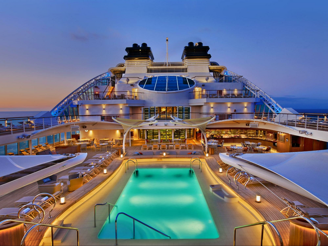 View of the pool deck on Seabourn Encore at dusk