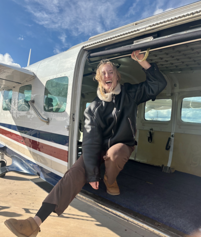 Hudson laughing and posing in an airplane at Saltamos, España.