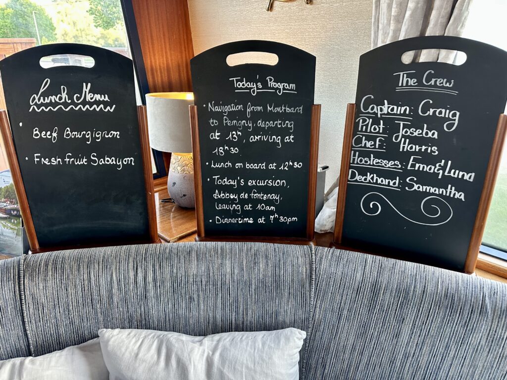 Daily meal and activity schedule on La Belle Epoque canal barge.