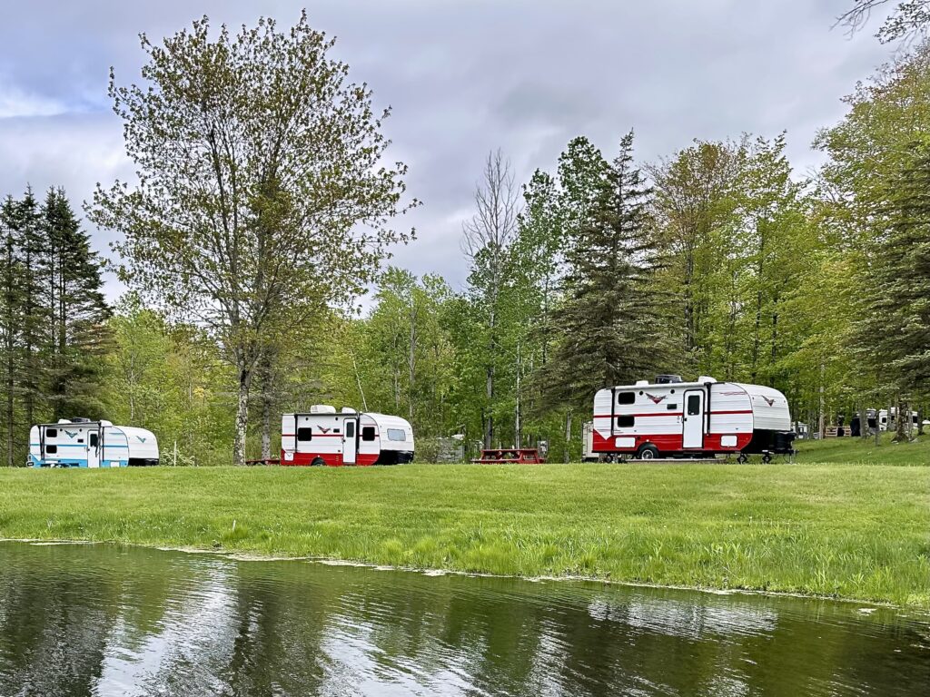 Trio of camping trailers at Spacious Skies Woodland Hills in the Berkshires.