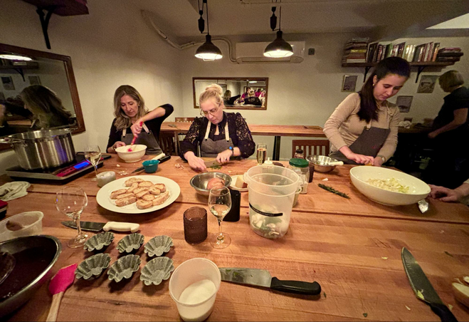 Cooking Class With Girlfriends Cutting, Chopping and Stirring food items