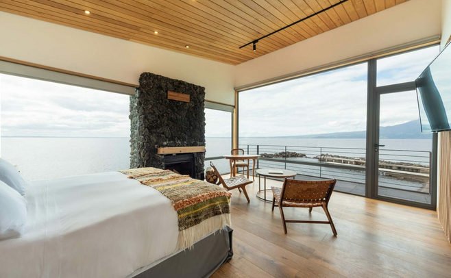 The rooms at Hotel AWA overlook Chile’s Lake Llanquihue.