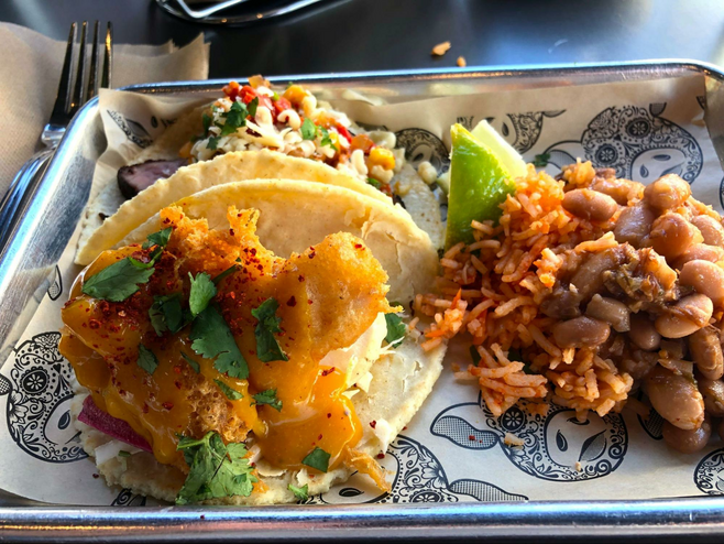 Fish tacos with beans and rice
