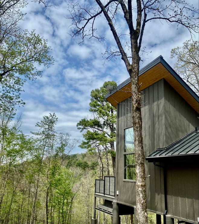 Wooden cabin with walls of windows, set on stilts overlooking tree tops with mountain and sky in the backdrop.