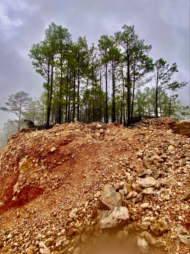 Rocky hillside of reddish clay soil and bolders with pine trees in the background.