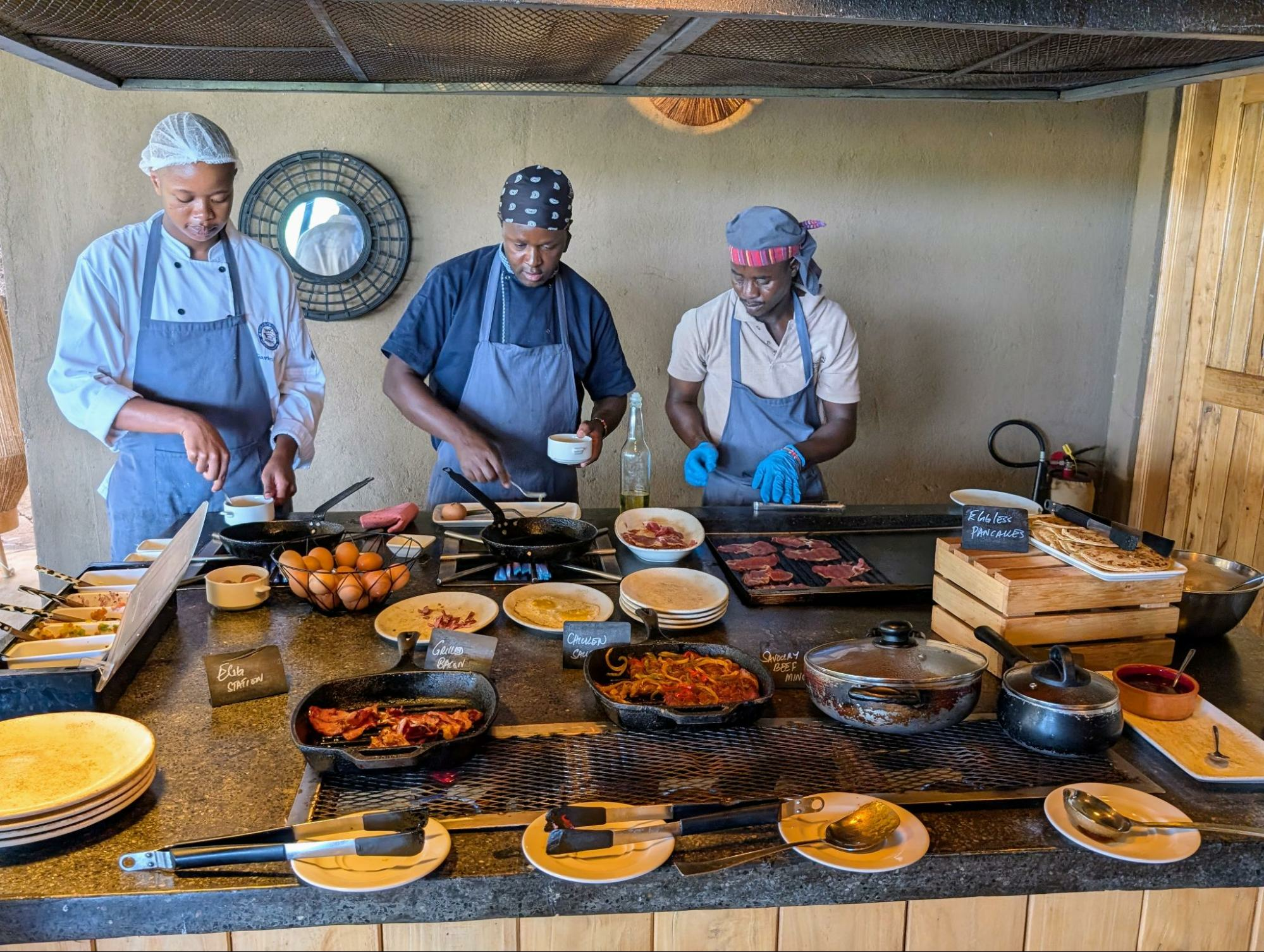 Chefs preparing the made-to-order breakfast at the Surana Buffalo Springs hotel in Kenya.