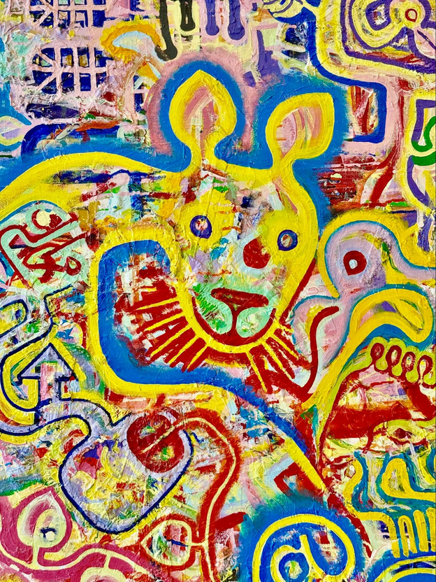 Bold primary colors of red and blue and yellow, with touches of green, outline imaginary animals in hotel paintings.