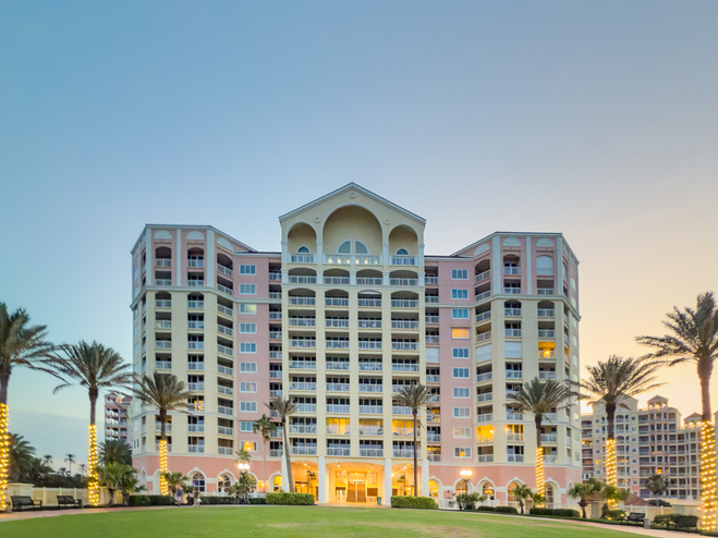 Hammock Beach Resort view from the ocean at dusk.