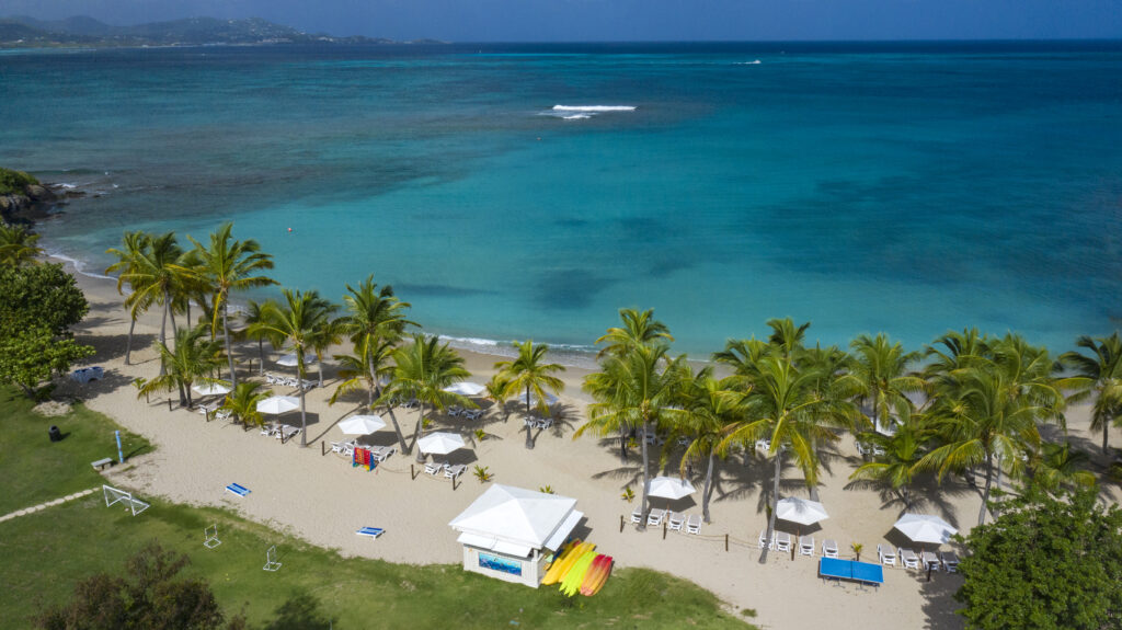 A peaceful resort beach with a sandy shore, cabanas, palm trees and umbrellas, all set up for guests to relax while looking out at a calm bay.