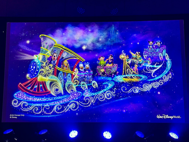 A rendering of nighttime parade floats displays a sparkling train-shaped float containing Goofy, Pluto and Donald and Daisy Duck, followed by other floats containing Disney characters.