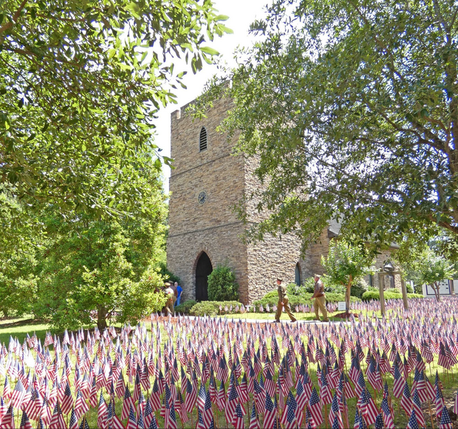 Chapel of the Fallen Eagles with memorial flags honoring dead airmen.