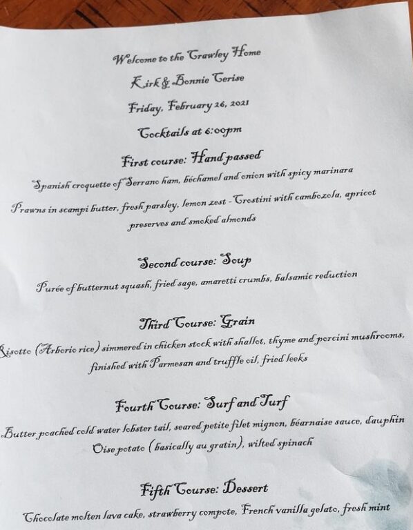 Five course dinner menu from a private chef.