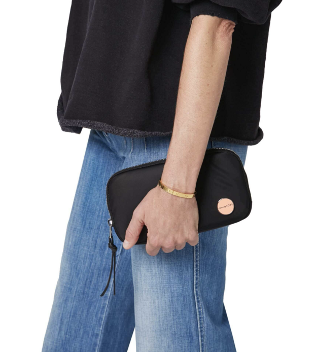 Closeup of a black clutch bag