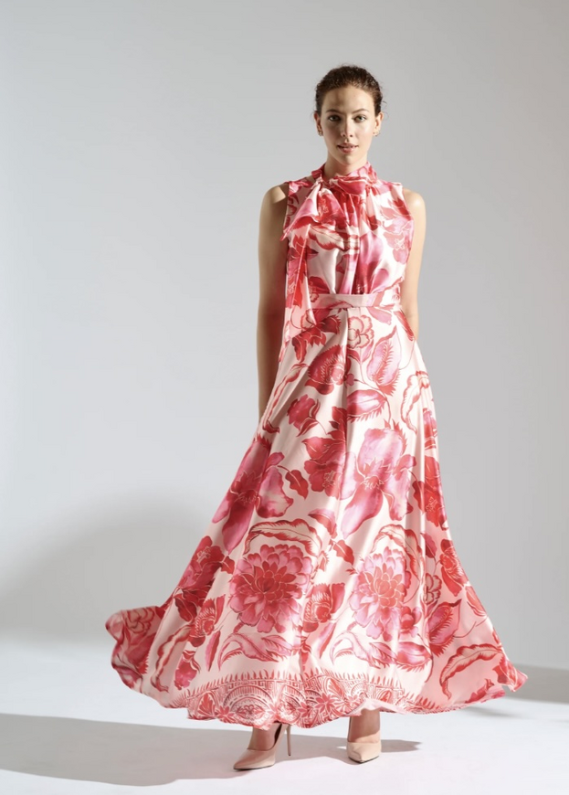 Red and pink floral dress with bow at color from Elegance Miss