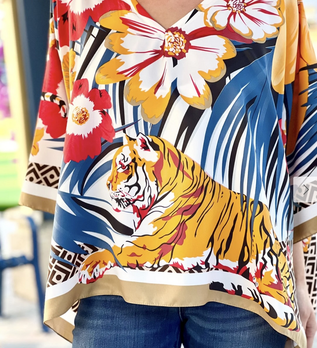 Silk tunic with tiger print in primary colors from Vanner House