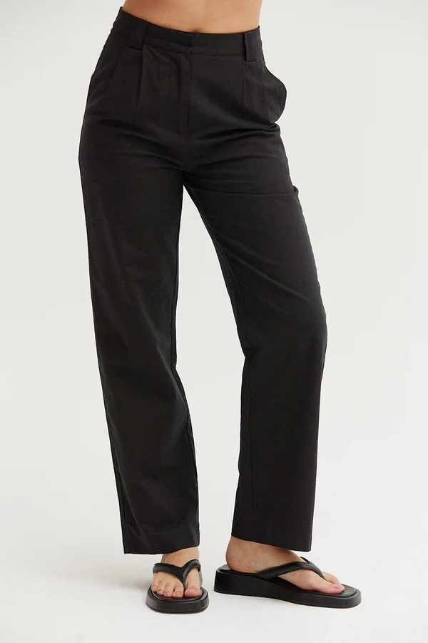 Black straight leg linen trousers for women