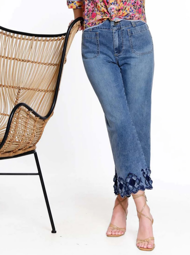 Crop jeans with embroidered hem from Vickie's Gifts