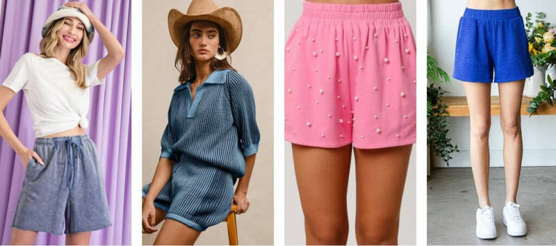 Four stylish women's shorts that are mid-thigh and made of various bright cotton patterns for casual summer travel.