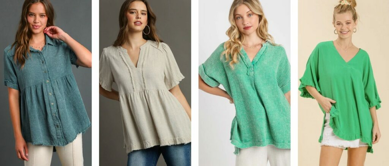Four stylish women's tops with elbow length sleeves, v-necks and flattering cuts for casual summer travel.