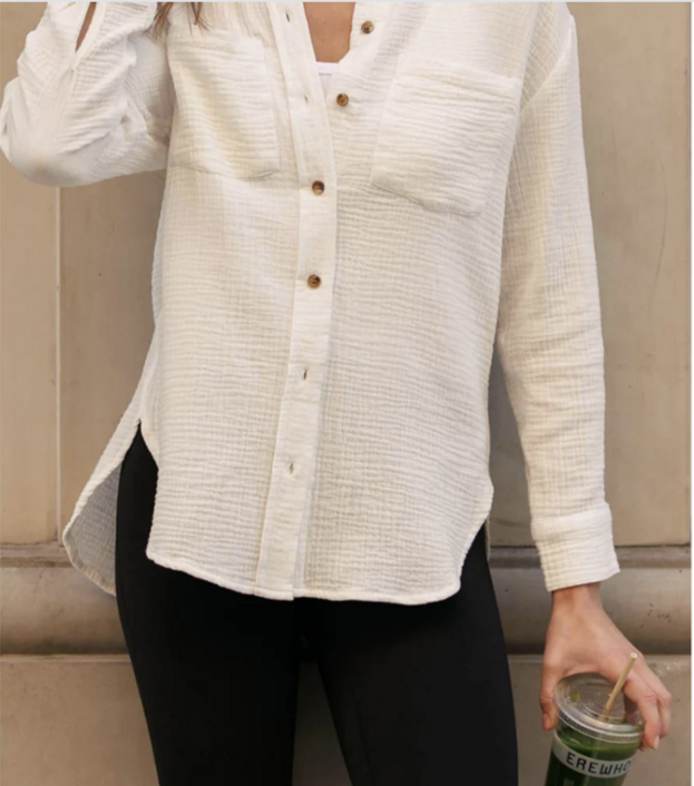 Cali 1850 white crinkle gauze button down shirt