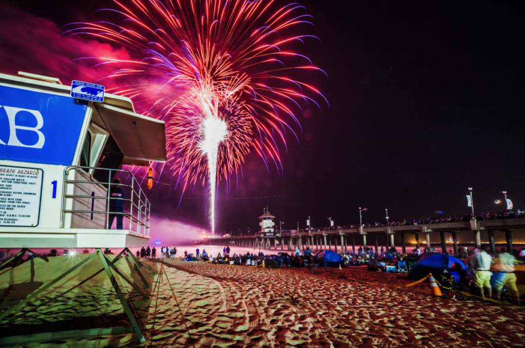 Fireworks over the beach in Huntington Beach, CA.