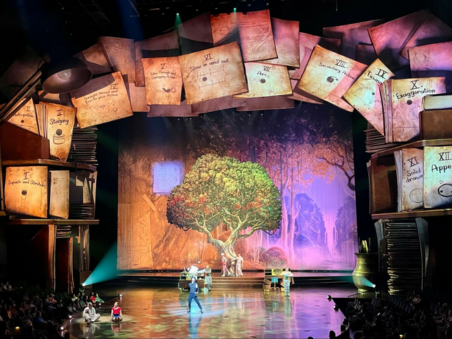 A Cirque du Soleil juggler juggles objects onstage in front of a colorful set as other performers look on. The backdrop features a rendering of a beautiful tree and forest. The stage is framed by huge pages of paper with writing on them. 
