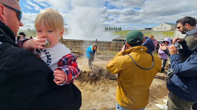Looking over a geothermal field watching a pot of rye bread that was cooked in a geothermal underground spring