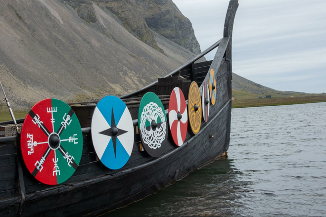 A recreation of a real Viking boat on a river in Iceland