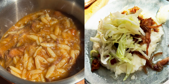 A round dish with orzo and short rib and a plate with cabbage and pork belly.
