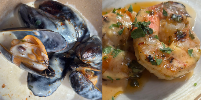 Black mussels and whole grilled shrimp.