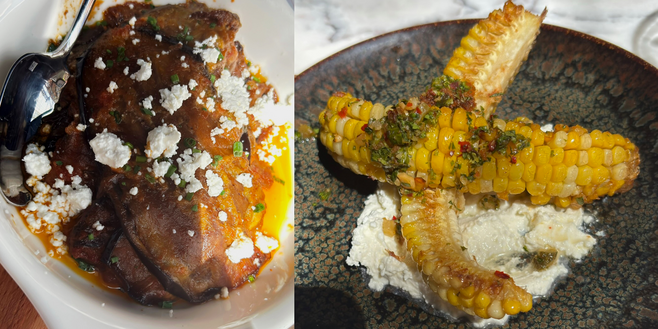 A vegetarian moussaka doted with feta cheese and corn on the cob cut lengthwise, fried and garnished.