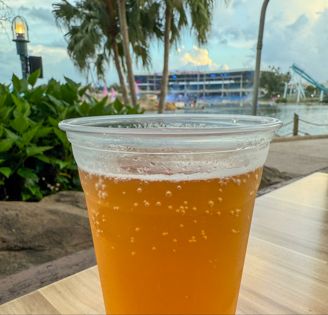 Craft beer in plastic cup with palm trees and event stadium in the background.