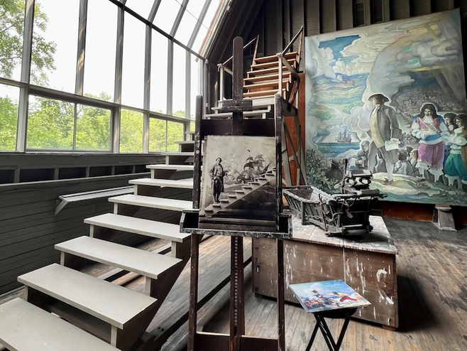 NC Wyeth Studio with painted canvases, stairs and light filled windows