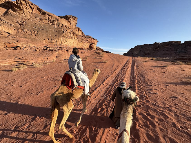 Girl in gray sweatshirt and gray sweatpants riding a brown camel through the Wadi Rum desert. The sand is red and there are mountains on either side.