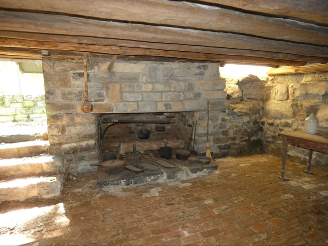Basement in Tipton house with fireplace.